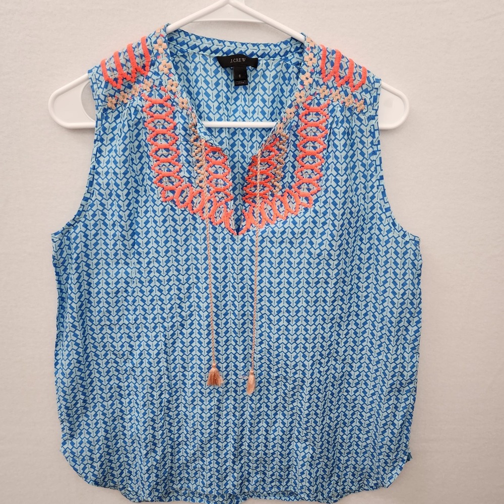 J Crew 6 Womens Sleeveless Blouse top blue orange cotton silk Embroidered tassel
